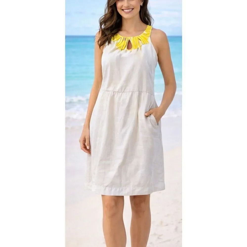 J.Crew cotton silk grey with yellow ribbon neckline sleeveless dress 8
